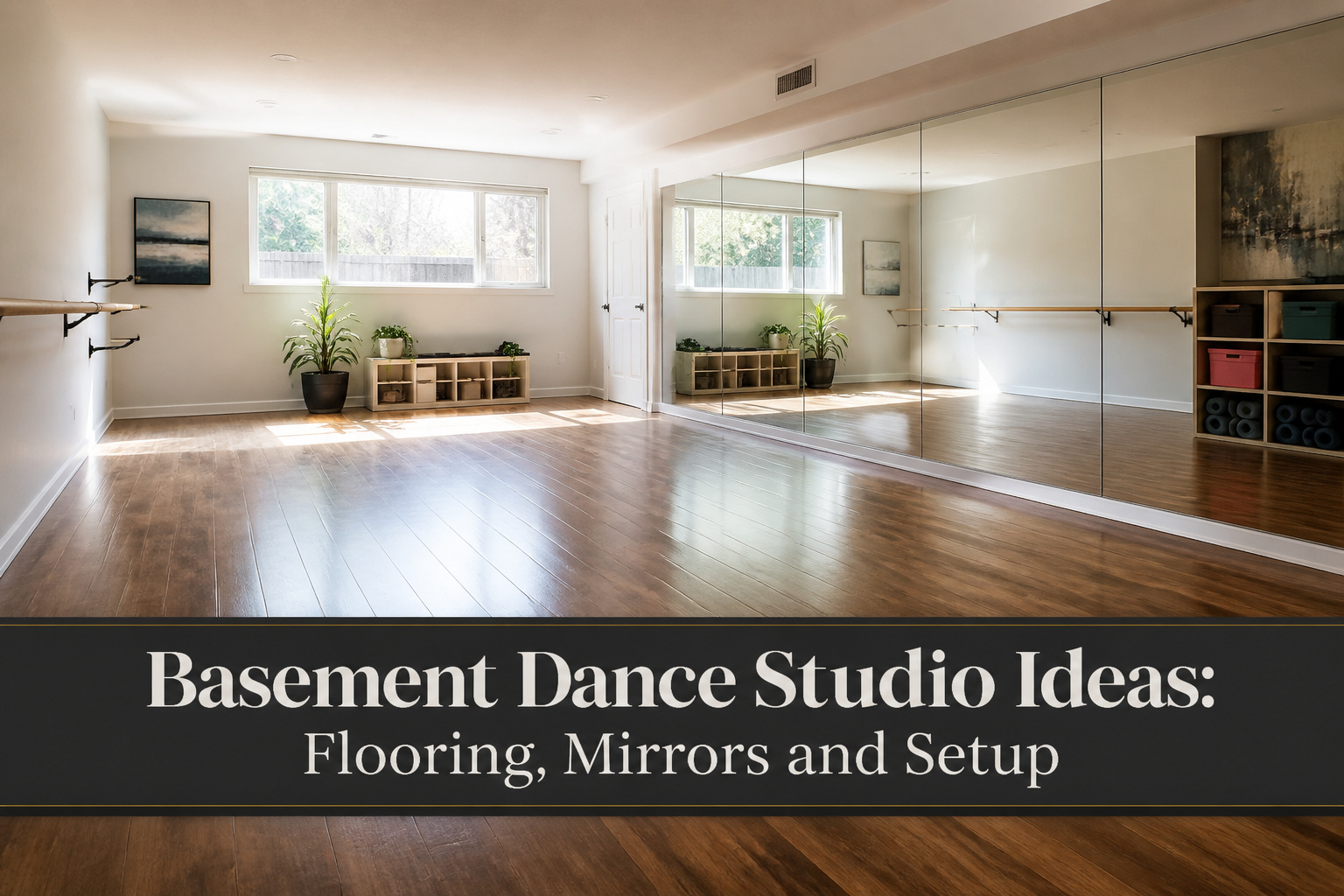 A spacious basement dance studio with various flooring types and a mirrored wall.