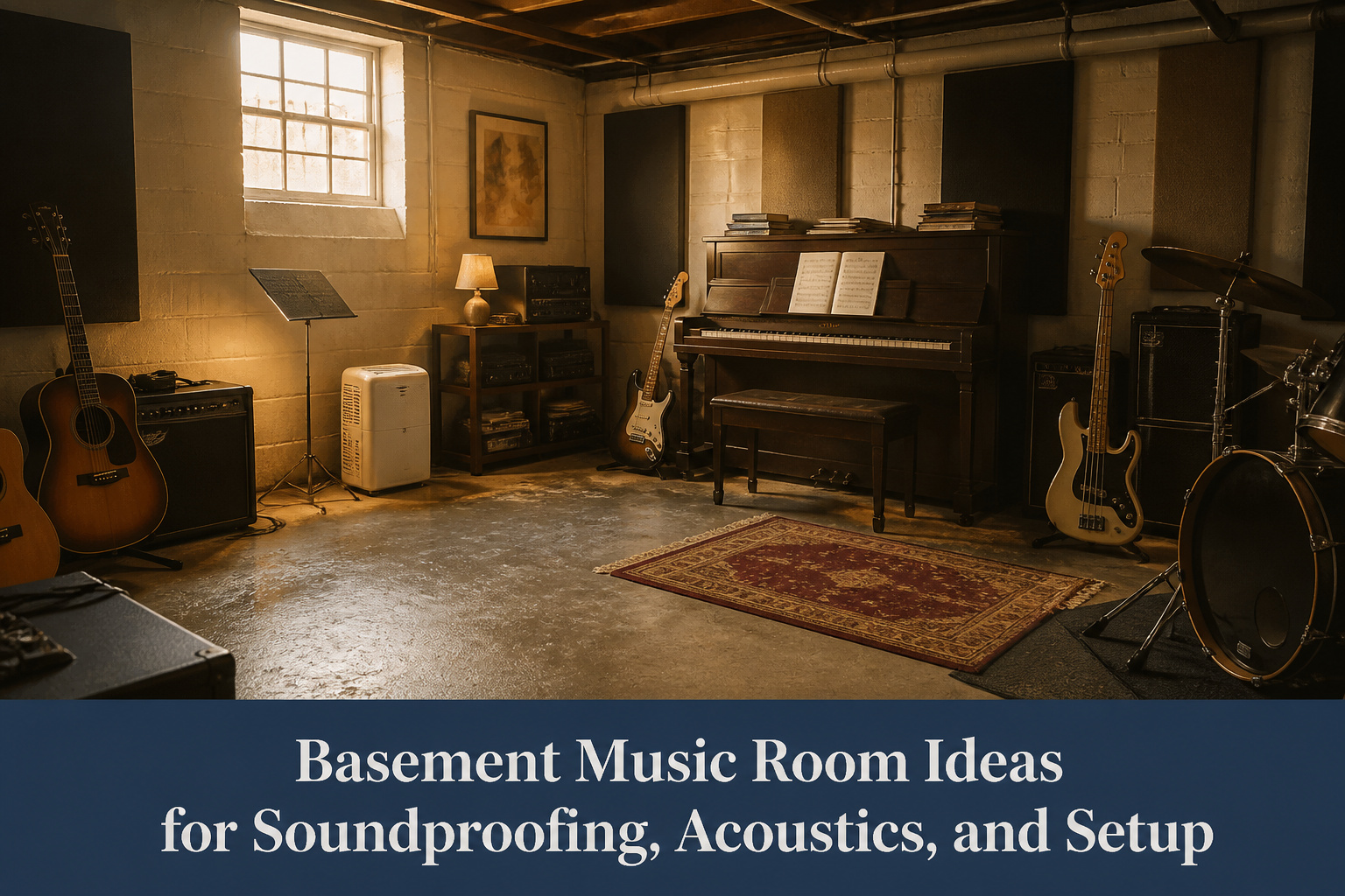 A basement music room with acoustic panels, curtains, and warm lighting.