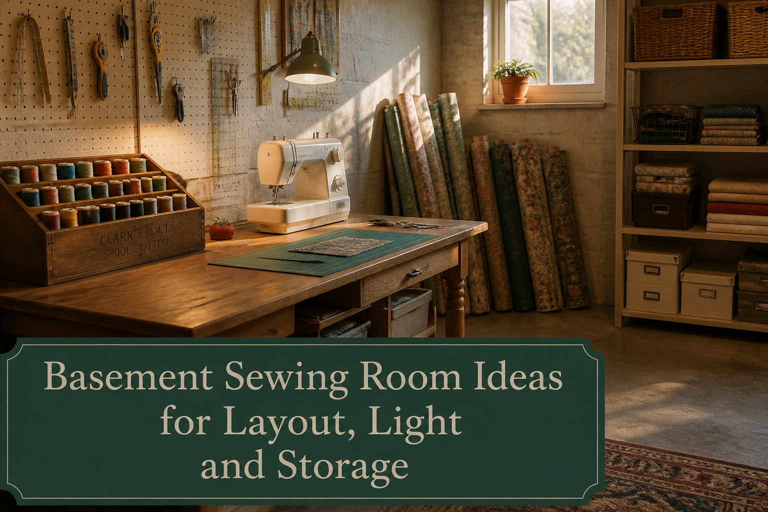A well-lit basement sewing room with organized shelves and a sewing station.