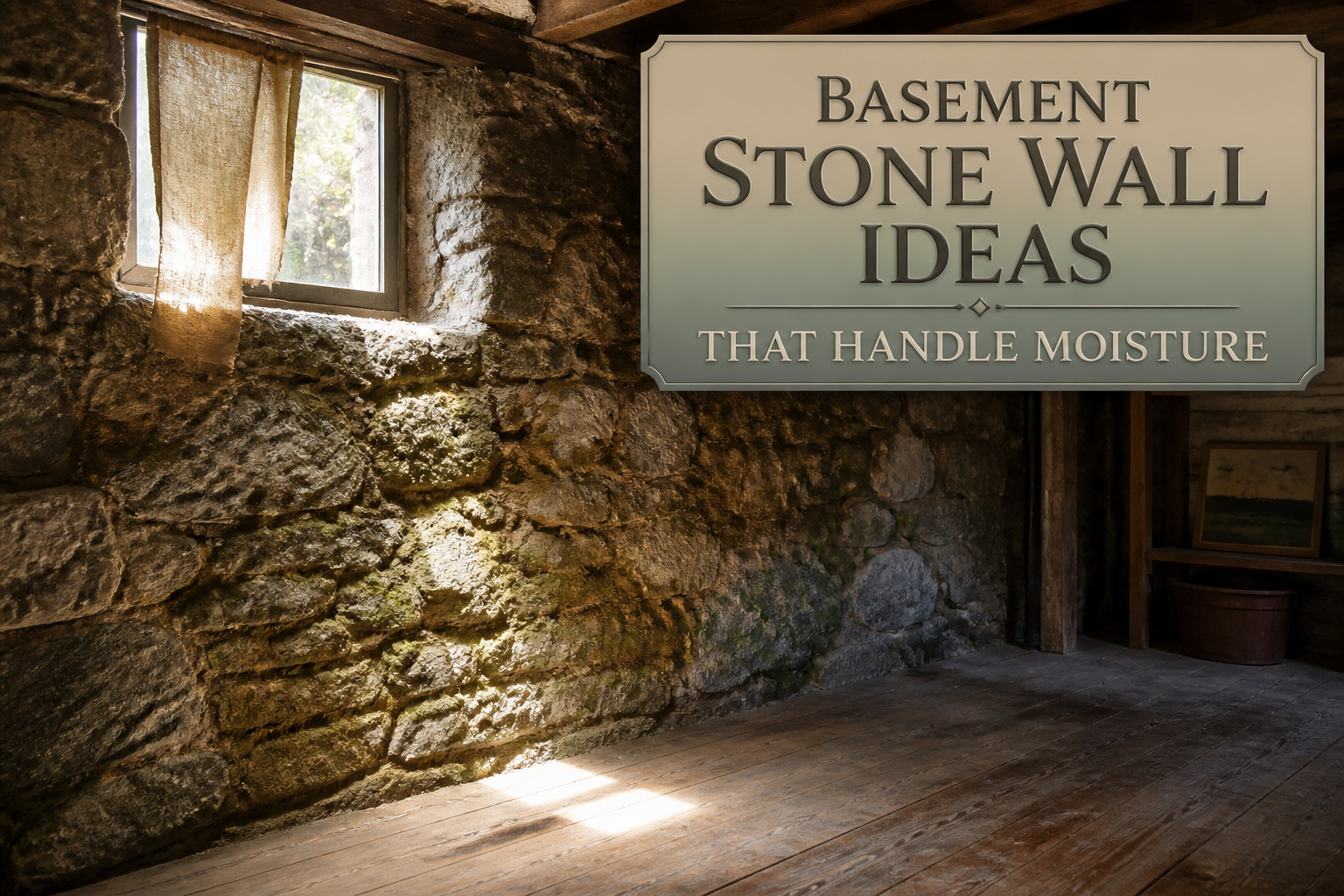 A basement with different stone wall designs and decor elements.
