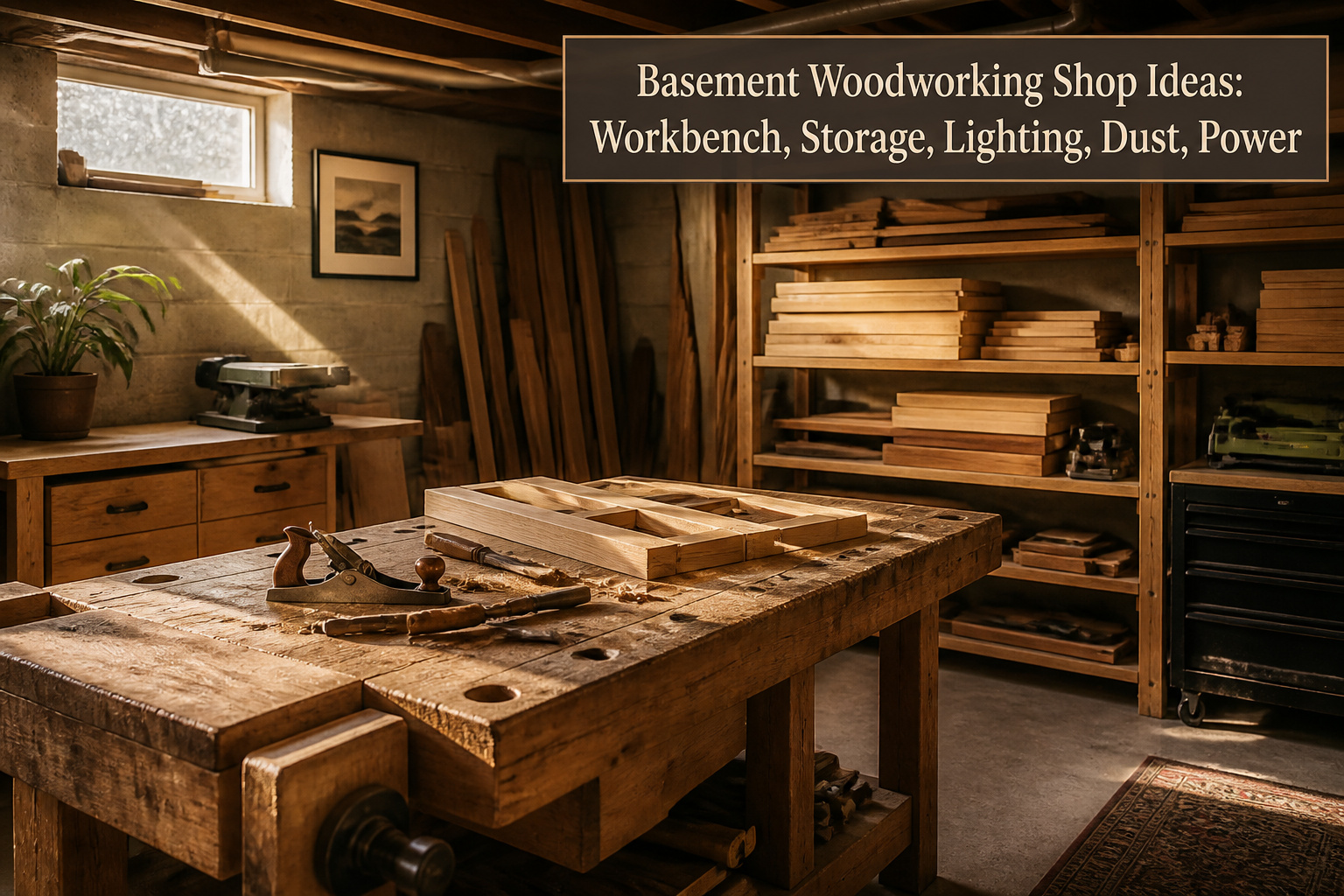 A basement woodworking shop featuring a workbench and various tools.