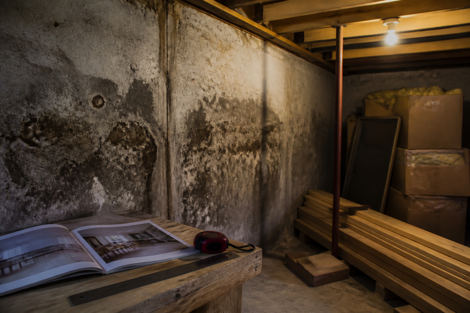 Dimly lit basement with exposed concrete walls showing moisture damage