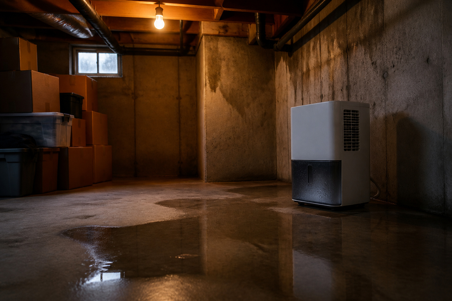 Dimly lit basement with exposed concrete walls and a dehumidifier in the corner.