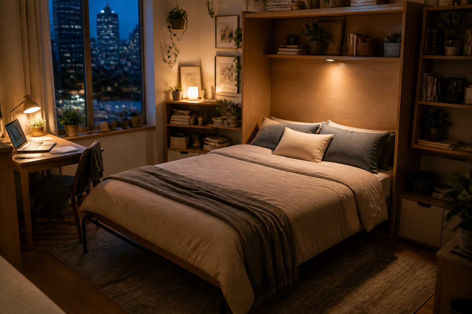 Cozy studio apartment with a wall-mounted murphy bed and warm lighting