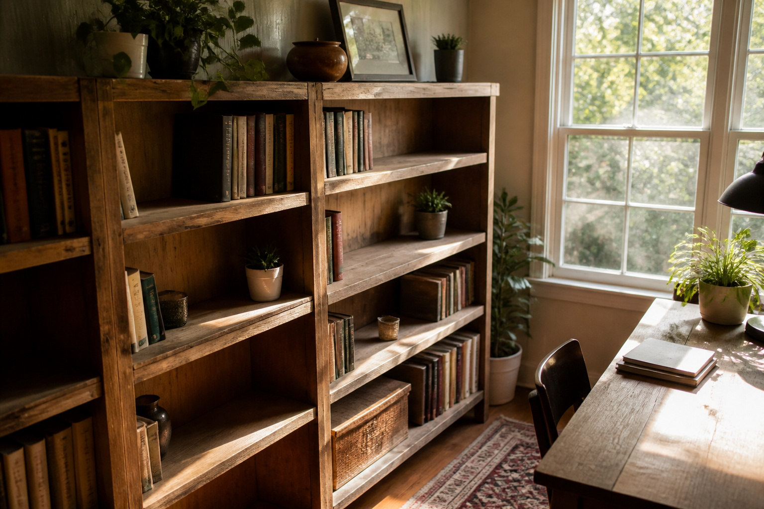 A cozy home office with a wooden bookshelf filled with books