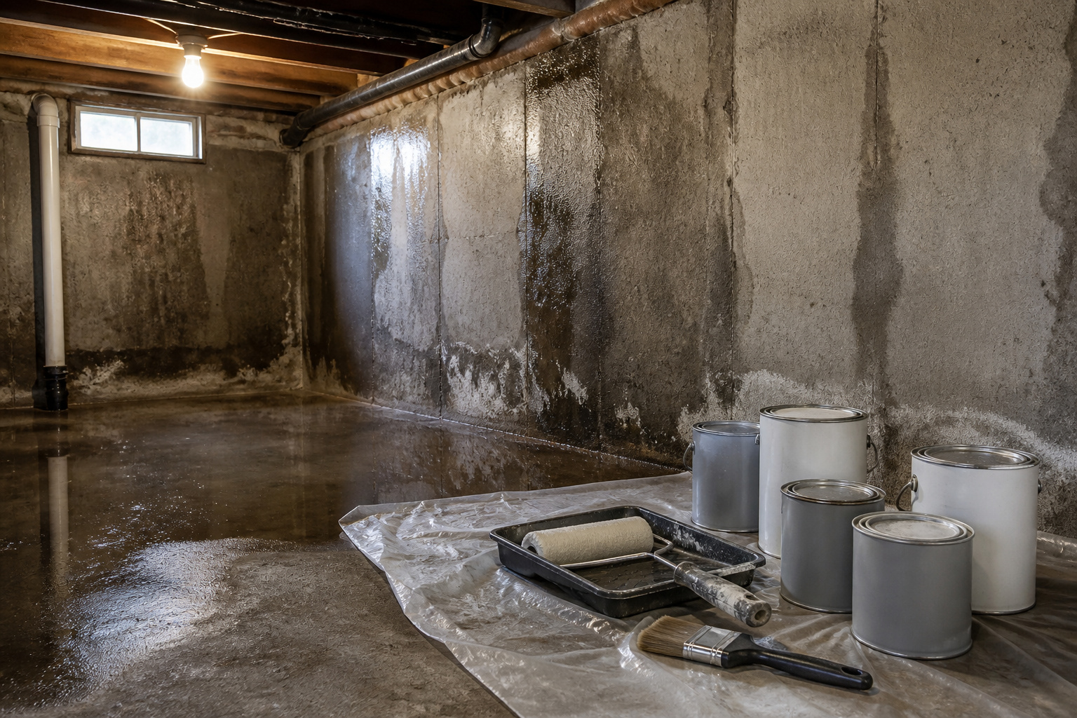 Damp concrete wall in a dimly lit basement corner