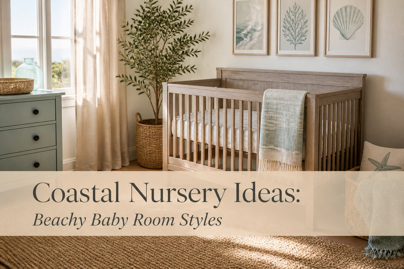 A coastal nursery featuring soft colors and beach-inspired decor.