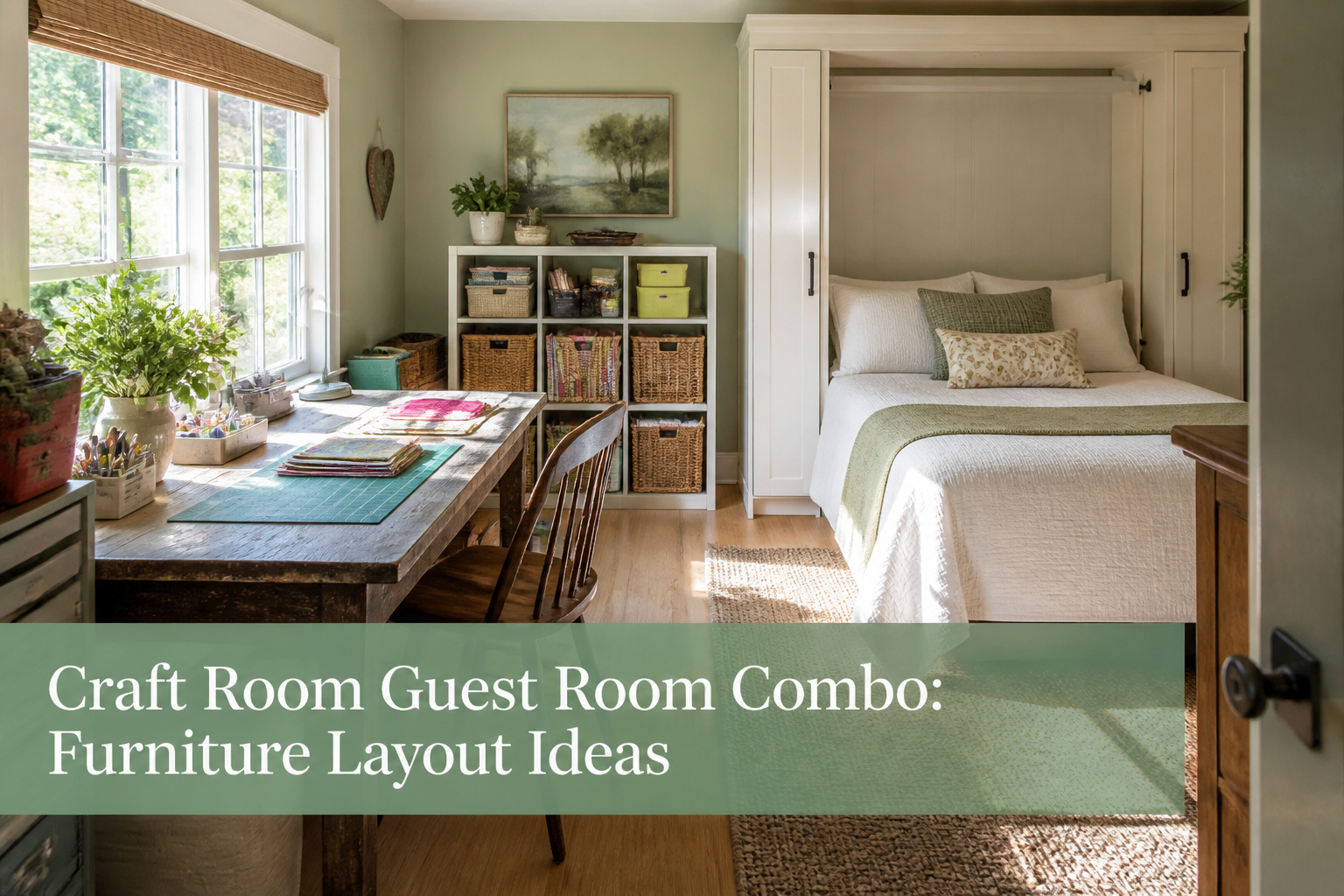 A craft room guest room combo with a bed, desk, and colorful crafting supplies.