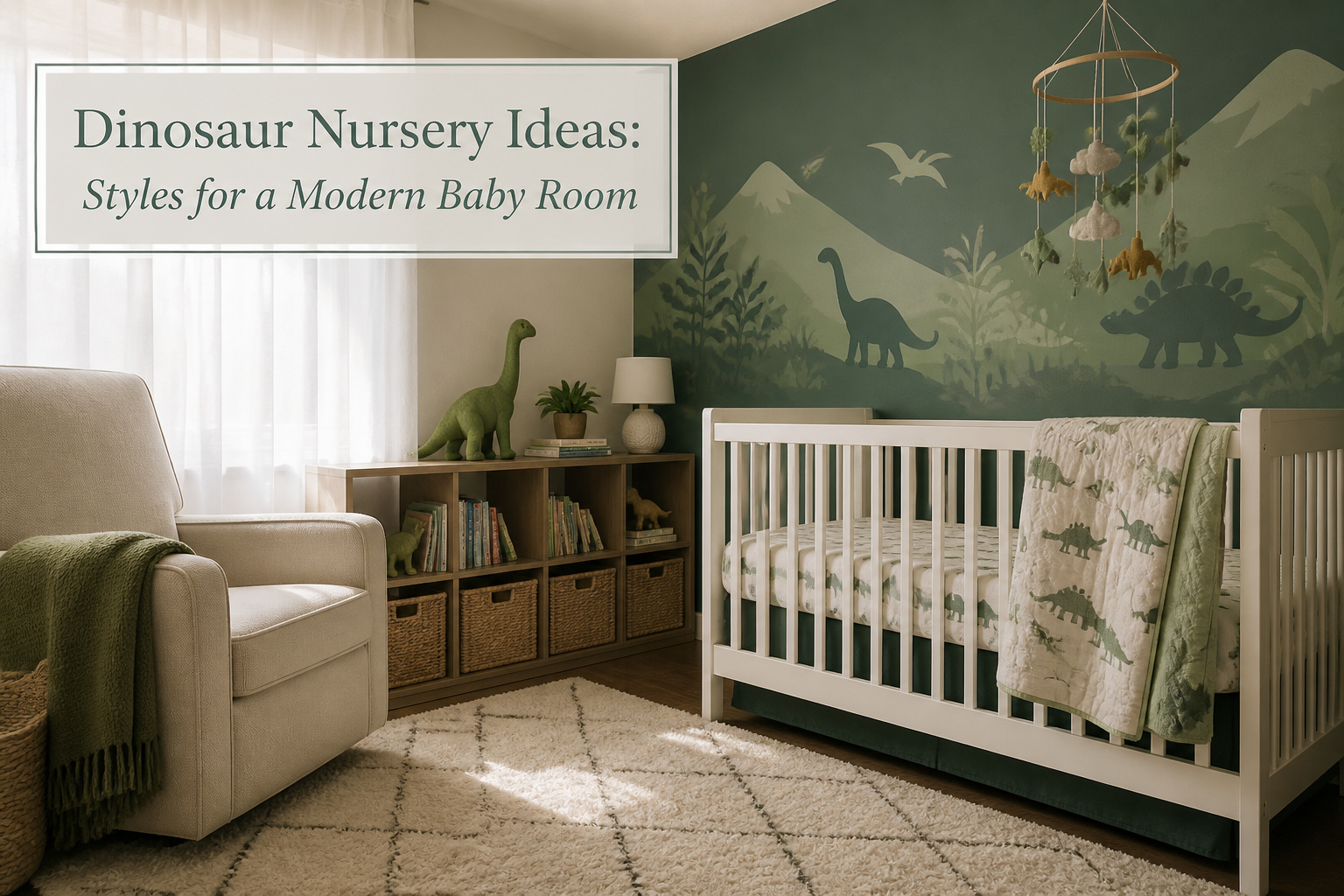 Nursery with a green accent wall and dinosaur-themed decor.