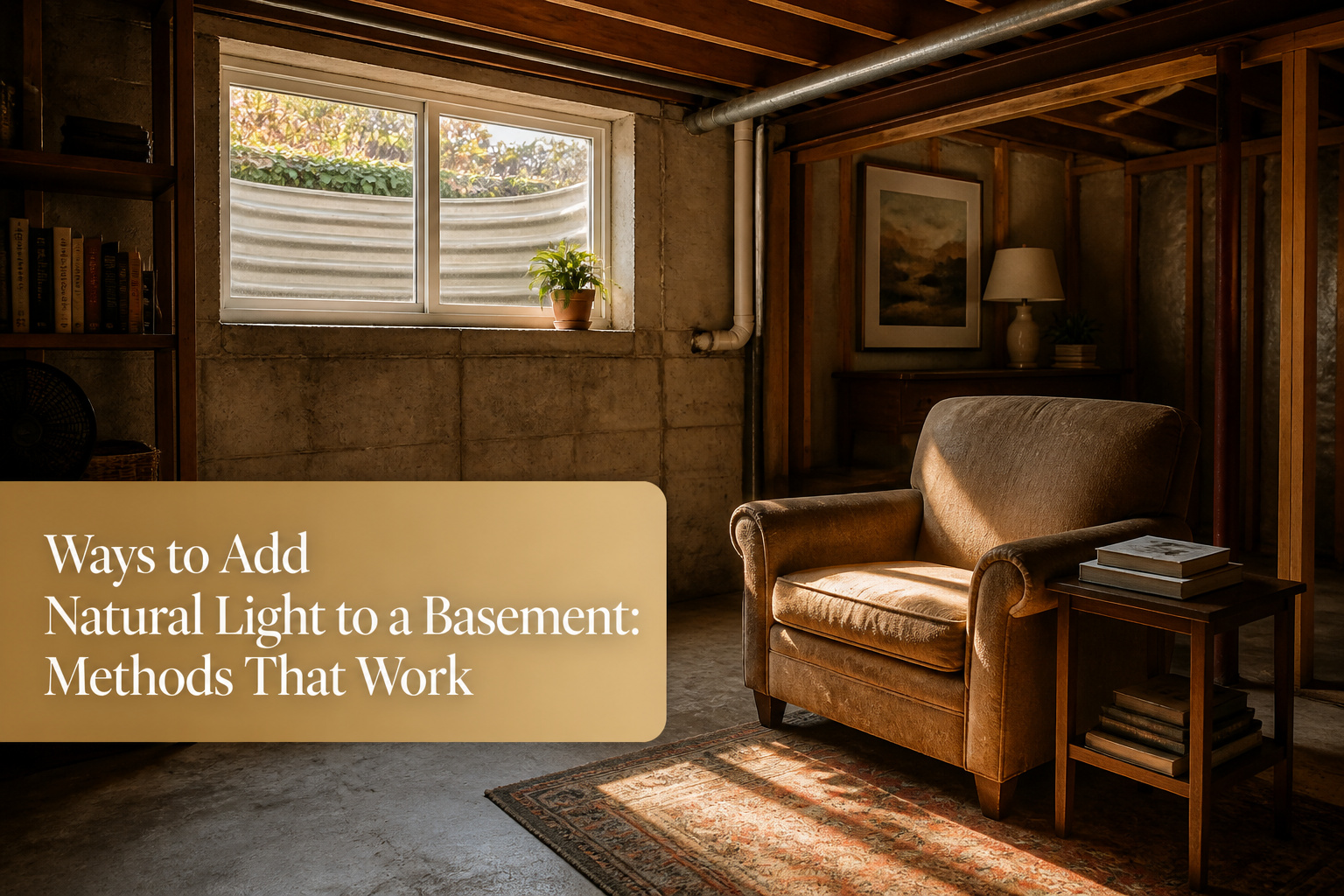 A collage of methods to add natural light to a basement.