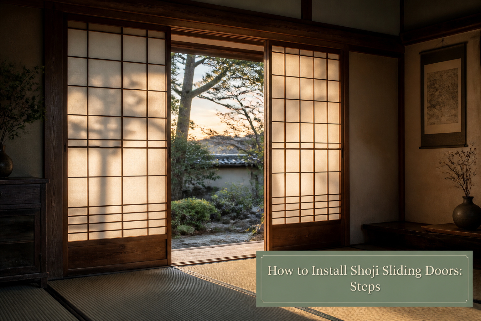 Elegant shoji sliding doors with a detailed lattice design.