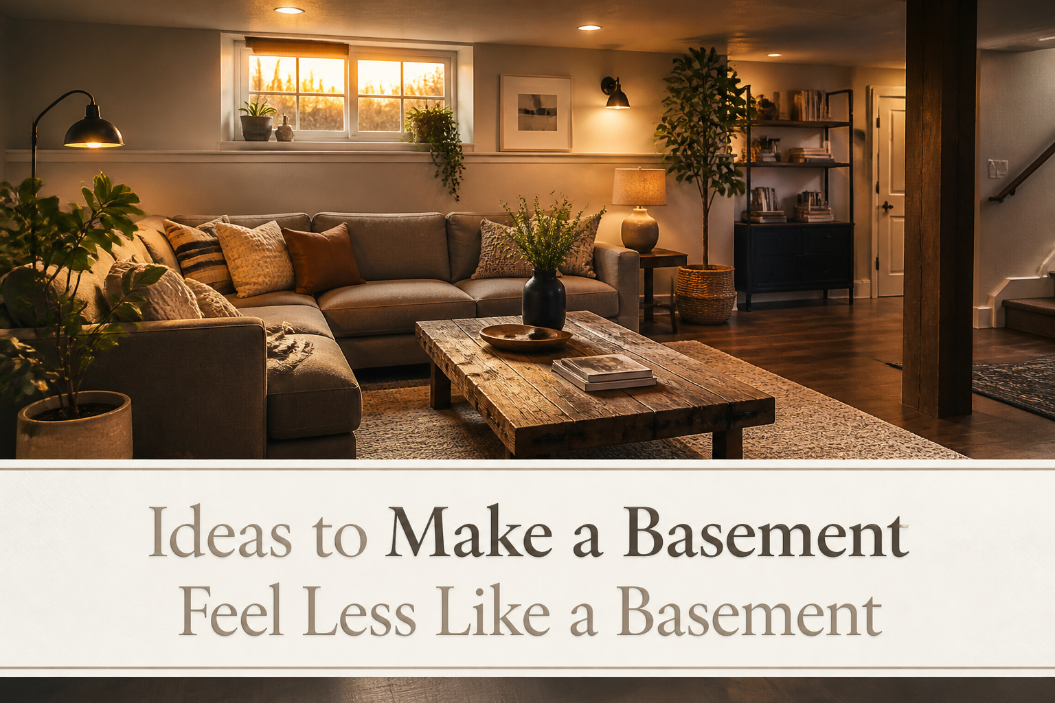 A cozy basement with layered lighting, warm colors, and comfortable furniture.