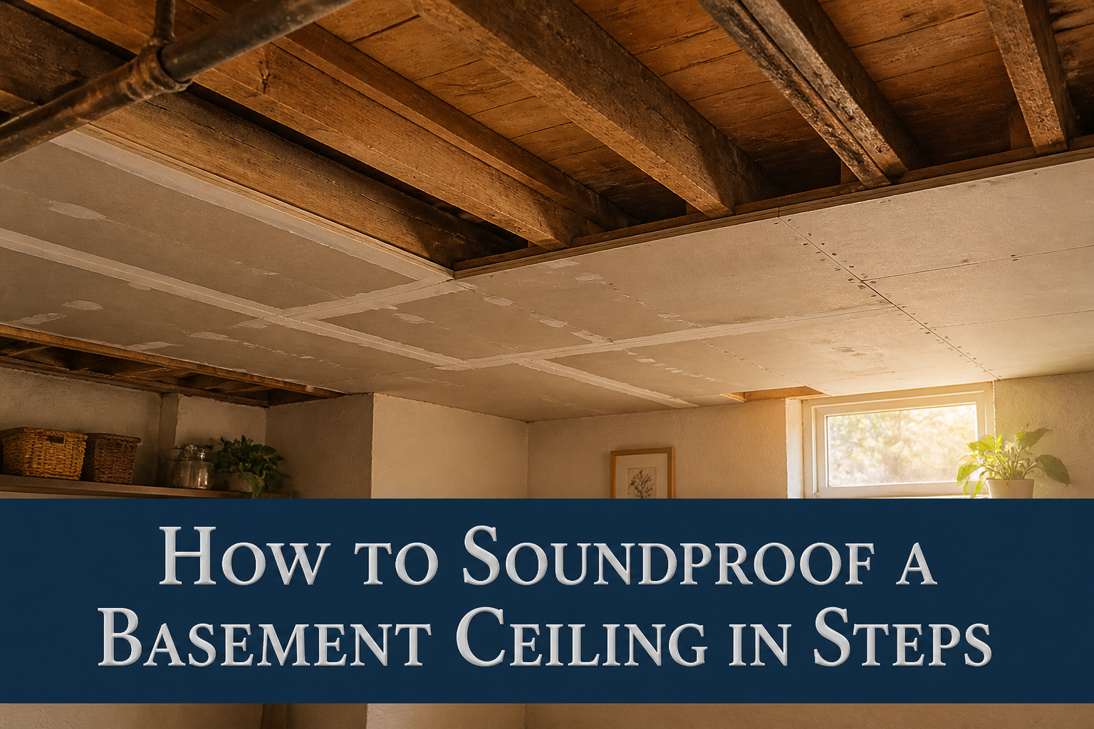 A basement ceiling showing exposed joists and soundproofing materials.