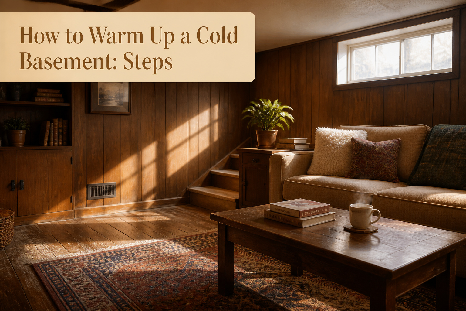 A warm, inviting basement space with comfortable furnishings and ambient lighting.