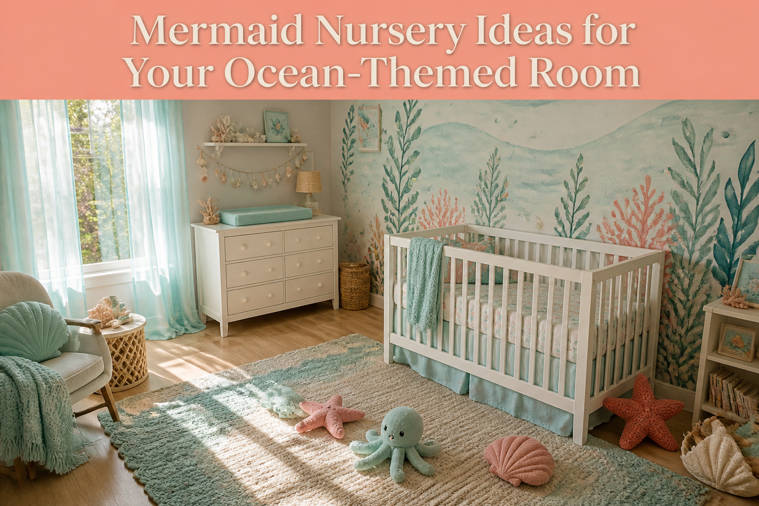 A nursery featuring mermaid-themed decor with soft colors and textures.