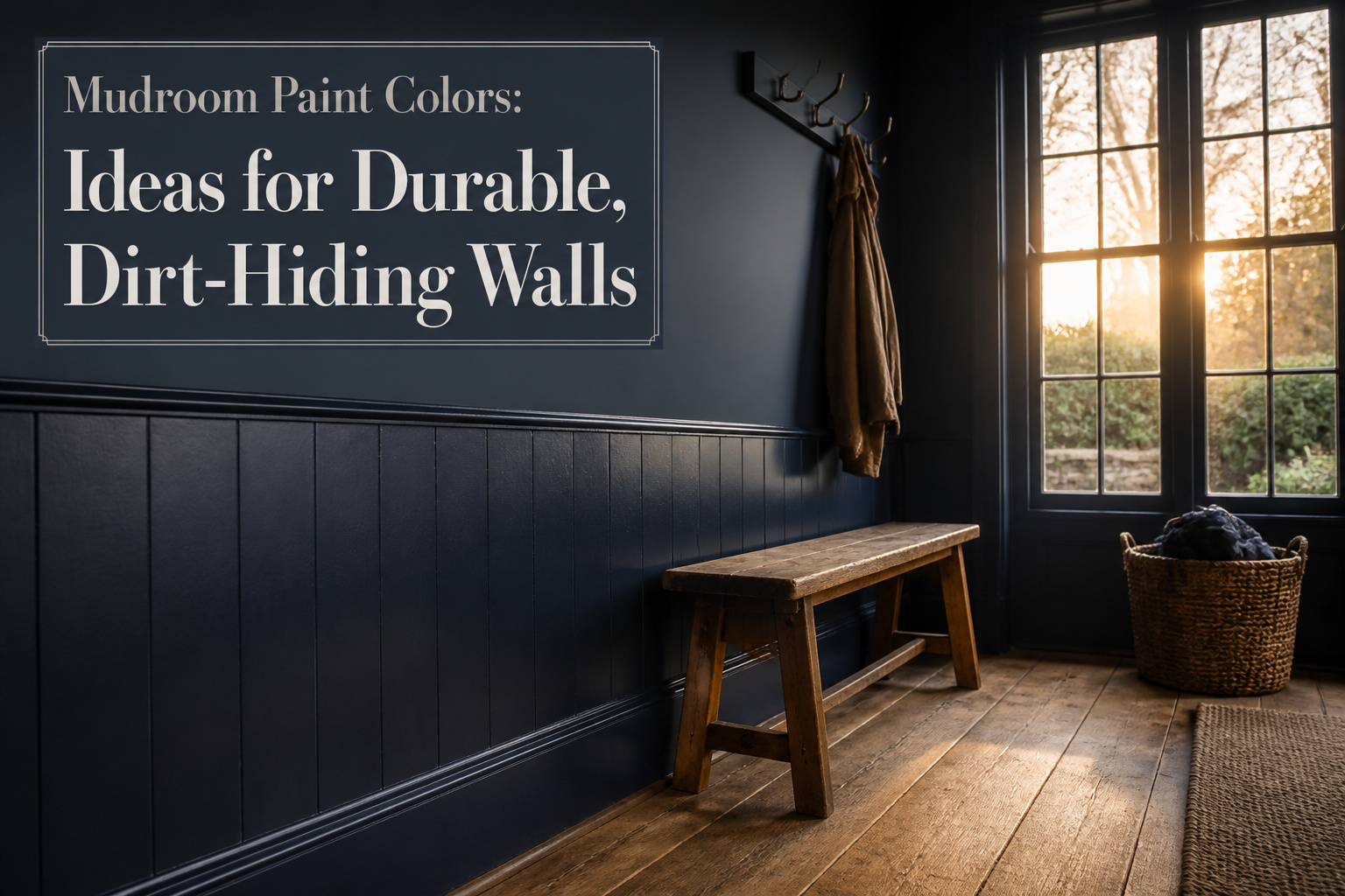 A mudroom with various paint colors and functional design elements.
