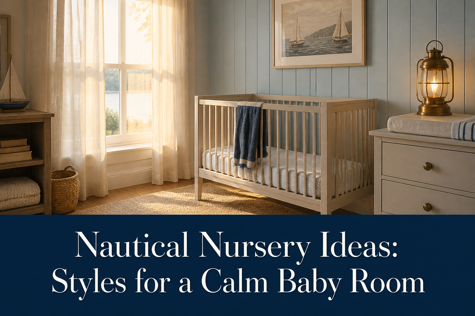 A nautical nursery featuring soft colors and a well-arranged crib.