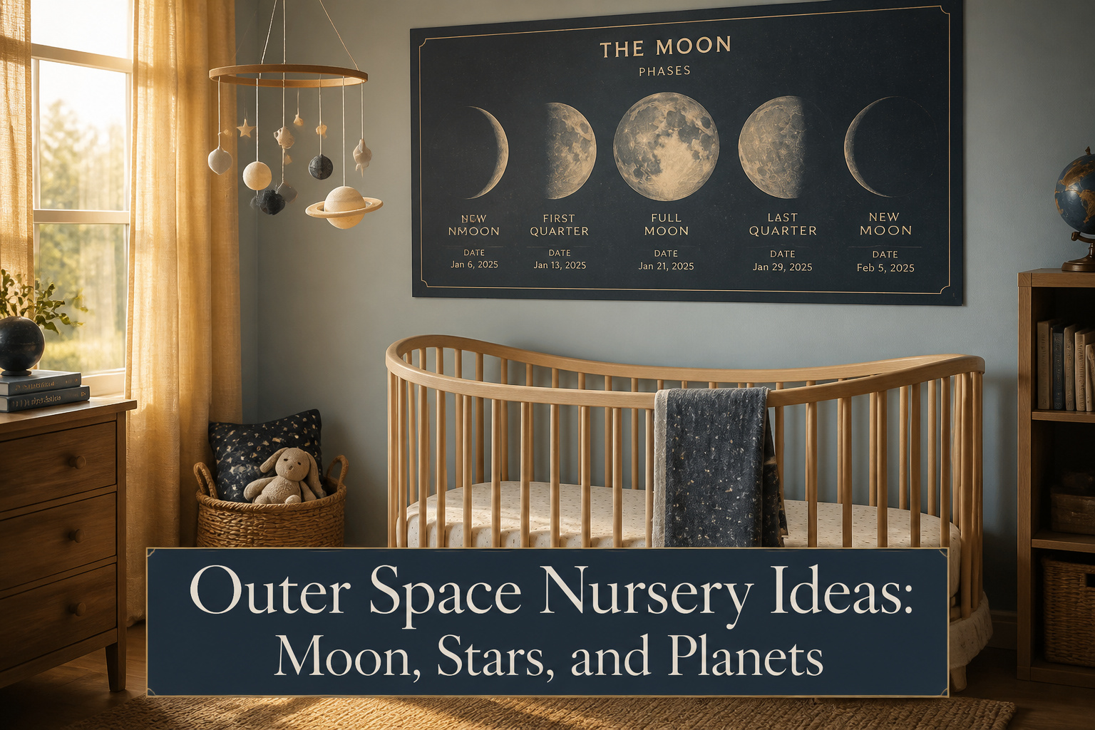 A nursery decorated with moon, star, and planet motifs.