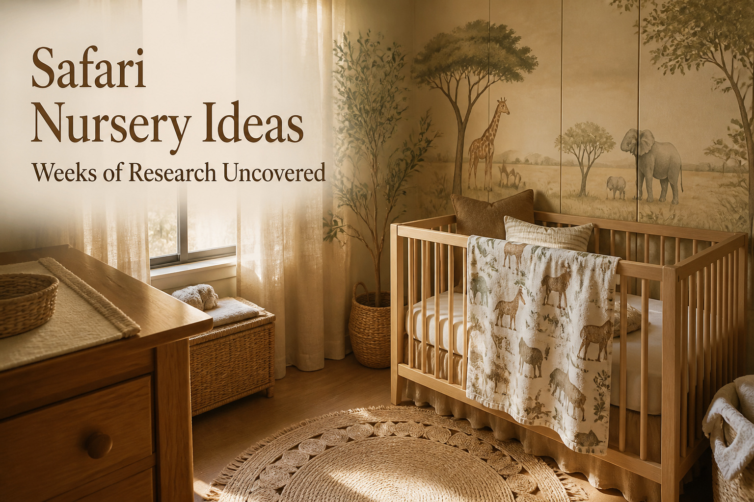 A safari-themed nursery with earthy colors and animal decorations.
